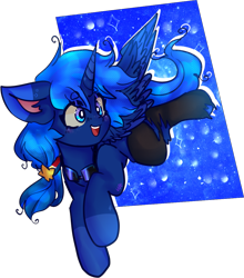 Size: 1048x1190 | Tagged: safe, artist:nyansockz, artist:ube, oc, oc only, oc:tala, alicorn, pony, ashes town, fallout equestria, alicorn oc, blue, blue alicorn (fo:e), clothes, fallout equestria oc, floppy ears, fluffy, galaxy, horn, not luna, ripped socks, ripped stockings, simple background, stars, stockings, thigh highs, torn clothes, wings