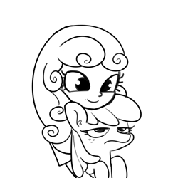 Size: 3000x3000 | Tagged: safe, artist:tjpones, apple bloom, sweetie belle, earth pony, pony, equestria girls, g4, apple bloom is not amused, black and white, duo, duo female, female, freckles, frown, grayscale, high res, holding a pony, hug, monochrome, simple background, sketch, smiling, unamused, white background