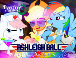 Size: 800x617 | Tagged: safe, artist:pixelkitties, applejack, nurse redheart, rainbow dash, earth pony, pegasus, pony, g4, annoyed, ashleigh ball, aviator sunglasses, badge, clothes, covering ears, drink, epaulettes, everfree northwest, eyebrows, female, flower, hat, holding, lidded eyes, mare, meta, microphone, nurse hat, olive, open mouth, patch, pixelkitties' brilliant autograph media artwork, shirt, show accurate, smiling, spread wings, stars, sunglasses, text, top gun, trio, trio female, uniform, vase, white shirt, wings, wonderbolts, wonderbolts uniform
