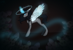 Size: 2048x1419 | Tagged: safe, artist:revenge.cats, angel, angel pony, original species, pony, undead, zombie, andy biersack, black veil brides, blank flank, frown, magic, magic aura, simple background, solo