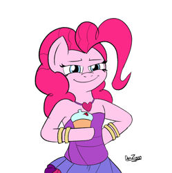 Size: 3056x3072 | Tagged: safe, artist:datzigga, pinkie pie, earth pony, semi-anthro, g4, arm hooves, bracelet, clothes, cupcake, dress, food, high res, hoof on hip, jewelry, simple background, smug, smugpie, solo, white background