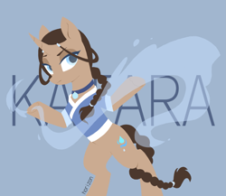 Size: 2009x1744 | Tagged: safe, artist:horizon, pony, unicorn, avatar the last airbender, female, jewelry, katara, long hair, name, necklace, ponified, ponytail, solo, waterbending