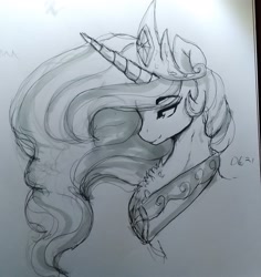 Size: 1808x1916 | Tagged: safe, artist:thelunarmoon, princess celestia, alicorn, pony, g4, bust, chest fluff, crown, featured image, female, grayscale, jewelry, lidded eyes, mare, monochrome, peytral, regalia, sketch, solo, traditional art