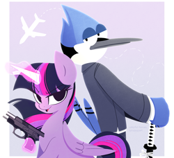 Size: 2937x2674 | Tagged: safe, artist:syrupyyy, twilight sparkle, alicorn, bird, blue jay, pony, g4, airplanes (song), clothes, crossover, crossover shipping, female, glowing horn, gun, handgun, high res, horn, katana, male, mare, mordecai, mordetwi, open mouth, pistol, plane, regular show, shipping, straight, suit, sword, twilight sparkle (alicorn), weapon