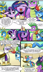 Size: 1280x2166 | Tagged: safe, artist:candyclumsy, gallus, gilda, rainbow dash, spike, starlight glimmer, twilight sparkle, alicorn, dragon, griffon, pegasus, pony, unicorn, comic:revolution of harmony, g4, the last problem, armor, clothes, female, flashback, hoofbump, implied ocellus, library, male, mare, older, older spike, older twilight, older twilight sparkle (alicorn), princess twilight 2.0, royal guard, royal guard gallus, twilight sparkle (alicorn), uniform, wonderbolts uniform, wrong eye color