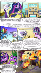 Size: 1280x2275 | Tagged: safe, artist:candyclumsy, gallus, gilda, rainbow dash, spike, starlight glimmer, twilight sparkle, alicorn, griffon, pony, comic:revolution of harmony, g4, the last problem, airship, armor, destroyed building, fire, flashback, mood whiplash, older, older spike, older twilight, older twilight sparkle (alicorn), princess twilight 2.0, royal guard, royal guard gallus, twilight sparkle (alicorn)