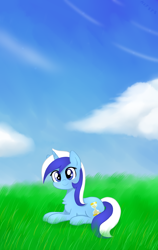 Size: 810x1278 | Tagged: safe, artist:hsf, minuette, pony, unicorn, g4, chest fluff, cloud, cute, female, grass, mare, minubetes, sky, smiling, solo