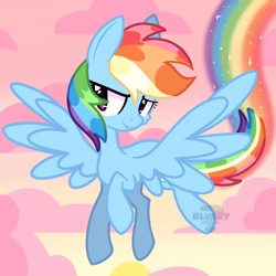 Size: 2048x2048 | Tagged: safe, artist:blurry-kun, rainbow dash, pegasus, pony, g4, cloud, evening, female, flying, high res, mare, rainbow trail, sky, sun