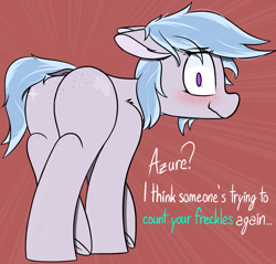 Size: 2668x2546 | Tagged: safe, artist:pinkberry, oc, oc only, oc:winter azure, earth pony, pony, blushing, body freckles, butt, butt freckles, colt, commission, cute, dialogue, dock, earth pony oc, eyelashes, femboy, floppy ears, foal, freckles, frog (hoof), girly, high res, looking at you, looking back, looking back at you, male, ocbetes, plot, raised hoof, red background, shocked, shocked expression, shrunken pupils, simple background, solo, text, trap, underhoof