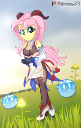 Size: 1294x2034 | Tagged: safe, artist:tabrony23, fluttershy, equestria girls, g4, beautiful, breasts, clothes, cosplay, costume, cute, female, ganyu (genshin impact), genshin impact, gloves, horns, looking at you, patreon, patreon logo, shoes, show accurate, slimes (genshin impact), solo, sunset
