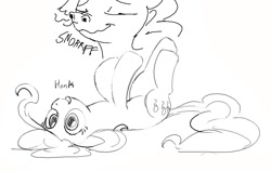 Size: 972x616 | Tagged: safe, artist:dotkwa, pinkie pie, earth pony, pony, g4, dialogue, female, grayscale, honk, lying down, mare, monochrome, nostrils, on back, open mouth, open smile, sketch, smiling, sniffing, upside down, wavy mouth