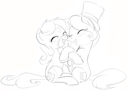 Size: 1068x770 | Tagged: safe, artist:dotkwa, oc, oc only, oc:dotmare, oc:hattsy, earth pony, pony, duo, eyes closed, female, grayscale, hat, hug, mare, monochrome, simple background, sitting, top hat, white background
