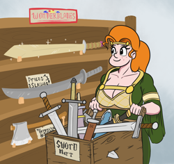 Size: 1048x988 | Tagged: safe, artist:jargon scott, oc, oc only, oc:nordpone, human, axe, big breasts, breasts, busty oc, cleavage, female, freckles, humanized, humanized oc, murrlogic, shopping, shopping cart, smiling, solo, sword, text, weapon