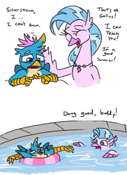 Size: 771x1058 | Tagged: safe, artist:jargon scott, gallus, silverstream, classical hippogriff, griffon, hippogriff, seapony (g4), g4, dialogue, duo, female, head pat, inner tube, male, pat, simple background, swimming, swimming pool, white background