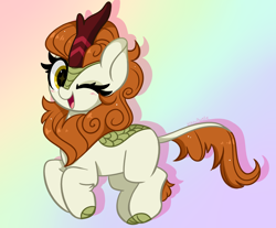 Size: 5264x4351 | Tagged: safe, artist:kittyrosie, autumn blaze, kirin, awwtumn blaze, blushing, cute, gradient background, looking at you, one eye closed, open mouth, open smile, smiling, solo, starry eyes, wingding eyes, wink, winking at you