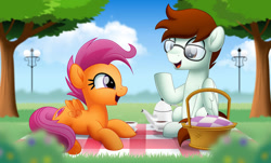 Size: 800x484 | Tagged: safe, artist:jhayarr23, scootaloo, oc, oc:soul beat, pegasus, pony, g4, basket, cup, glasses, lying down, male, older, picnic, picnic basket, picnic blanket, prone, stallion, teacup, teapot, tree