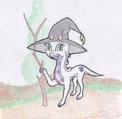 Size: 2491x2417 | Tagged: safe, artist:insert-artistic-nick, sweetie belle, dragon, g4, dragonified, female, hat, high res, solo, species swap, stick, sweetie dragon, traditional art, witch hat