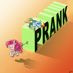 Size: 2000x2000 | Tagged: safe, artist:will-owl-the-wisp, pinkie pie, rainbow dash, earth pony, pegasus, pony, g4, duo, female, high res, mare, newbie artist training grounds, pronking, pulling, pun, visual pun