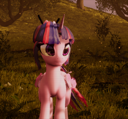 Size: 772x722 | Tagged: safe, artist:valiant studios, oc, oc:twilight (dimensional shift), alicorn, pony, dimensional shift, 3d, chopsticks, female, mare, nature, scan lines, solo, unreal engine, video game, vs twi, walking