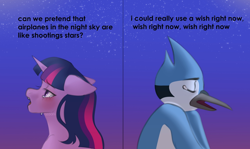 Size: 1280x763 | Tagged: safe, artist:azaani, twilight sparkle, alicorn, bird, blue jay, pony, g4, aeroplanes and meteor showers, airplanes (song), crossover, crossover shipping, crying, male, meme, mordecai, mordetwi, redraw mordetwi meme, regular show, shipping, twilight sparkle (alicorn)