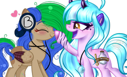 Size: 1024x620 | Tagged: safe, artist:adultmare, oc, oc only, oc:dumplings, earth pony, pegasus, pony, base used, blushing, boop, duo, duo female, earth pony oc, eye clipping through hair, eyebrows, eyebrows visible through hair, eyes closed, female, headphones, horns, mare, open mouth, open smile, pegasus oc, simple background, smiling, transparent background, two toned wings, wings