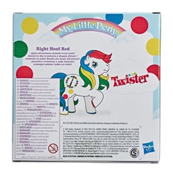 Size: 900x900 | Tagged: safe, right hoof red, earth pony, pony, g1, official, backcard, coat markings, colored hooves, female, french, german, hasbro logo, mare, merchandise, my little pony logo, photo, raised hoof, sad onion, solo, spanish, spots, text, twister