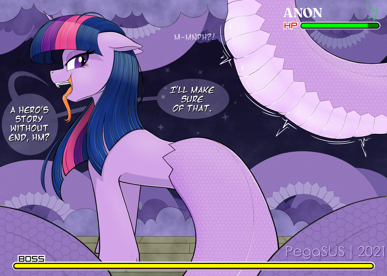 2669758 - suggestive, artist:suspega, twilight sparkle, oc, oc:anon, lamia,  original species, pony, g4, bulges, cloud, constellation, dialogue, echidna  wars dx, endosoma, fangs, female, floppy ears, forked tongue, health bars,  implied anon, impossibly