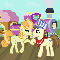 Size: 600x600 | Tagged: safe, derpibooru exclusive, junebug, steamer, earth pony, pony, g4, female, friendship express, holding hooves, locomotive, looking at each other, male, mare, shipping, smiling, stallion, steam, steamerjune, straight, train, train engineer, train station
