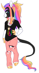 Size: 700x1295 | Tagged: safe, artist:lavvythejackalope, oc, oc only, unicorn, anthro, unguligrade anthro, clothes, hoof polish, horn, leonine tail, male, multicolored hair, pants, peace symbol, rainbow hair, torn clothes, unicorn oc