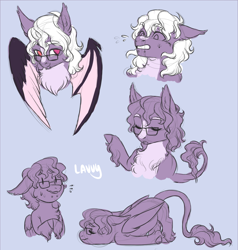 Size: 800x840 | Tagged: safe, artist:lavvythejackalope, oc, oc only, bat pony, pony, bat pony oc, bat wings, bust, chest fluff, eyes closed, face down ass up, glasses, leonine tail, purple background, simple background, sketch, sketch dump, smiling, sweat, wings