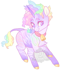 Size: 1050x1150 | Tagged: safe, artist:lavvythejackalope, oc, oc only, pony, unicorn, bell, cat bell, cloven hooves, horn, leonine tail, multicolored hair, rainbow hair, raised hoof, simple background, smiling, solo, transparent background, unicorn oc