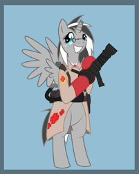 Size: 1610x2000 | Tagged: safe, artist:srmario, oc, oc only, oc:doctiry, alicorn, pony, alicorn oc, bipedal, blue background, clothes, female, glasses, grin, horn, mare, medic, medic (tf2), medigun, simple background, smiling, solo, team fortress 2, wings
