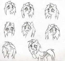Size: 500x465 | Tagged: safe, artist:srmario, oc, oc only, oc:doctiry, alicorn, pony, alicorn oc, broken horn, bust, crying, female, grayscale, grin, horn, lineart, mare, monochrome, simple background, smiling, traditional art, white background, wings