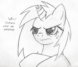 Size: 500x430 | Tagged: safe, artist:srmario, oc, oc only, oc:doctiry, pony, unicorn, broken horn, bust, crossed arms, female, freckles, frown, grayscale, horn, lineart, mare, monochrome, simple background, solo, talking, traditional art, unicorn oc, white background