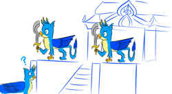 Size: 1280x699 | Tagged: safe, artist:horsesplease, gallus, griffon, g4, gallus coop, khopesh, multeity, rabydosverse, reaction to own portrayal, statue, sword, temple, triality, vozonid, weapon