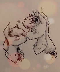 Size: 600x720 | Tagged: safe, artist:artfestation, applejack, coloratura, earth pony, pony, g4, blushing, female, hat, heart, kissing, lesbian, lineart, mare, ship:rarajack, shipping, traditional art