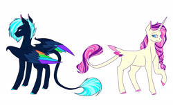 Size: 2048x1256 | Tagged: safe, artist:artfestation, oc, oc only, alicorn, pegasus, pony, alicorn oc, braid, butt wings, colored hooves, colored wings, duo, horn, magical lesbian spawn, multicolored wings, offspring, parent:fluttershy, parent:princess luna, parent:rainbow dash, parent:rarity, parents:flarity, parents:lunadash, pegasus oc, rainbow wings, raised hoof, simple background, white background, wings