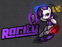 Size: 1600x1200 | Tagged: safe, artist:mane6, rarity, pony, unicorn, fighting is magic, g4, cover art, female, gem, gray background, mare, simple background, solo, text