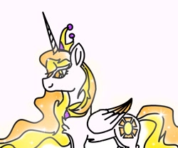 Size: 1200x1000 | Tagged: safe, artist:goldlines005, princess celestia, alicorn, pony, g4, alternate design, chest fluff, female, horn, jewelry, mare, peytral, simple background, smiling, solo, tiara, white background, wings