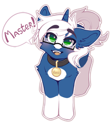 Size: 1774x1972 | Tagged: safe, artist:faract, oc, oc only, oc:passi deeper, pony, unicorn, blushing, coat markings, collar, colored pupils, cute, daaaaaaaaaaaw, dialogue, eyebrows, eyebrows visible through hair, floppy ears, glasses, green eyes, happy, horn, looking at you, looking up, looking up at you, male, master, open mouth, open smile, pet play, pet tag, pony pet, shy, simple background, smiling, smiling at you, socks (coat markings), solo, stallion, standing, tail, text, transparent background, unicorn oc