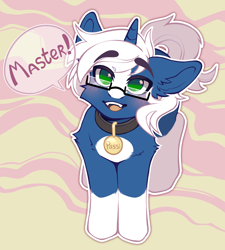Size: 1774x1972 | Tagged: safe, alternate version, artist:faract, oc, oc only, oc:passi deeper, pony, unicorn, abstract background, blushing, coat markings, collar, colored pupils, cute, daaaaaaaaaaaw, dialogue, eyebrows, eyebrows visible through hair, floppy ears, glasses, green eyes, happy, horn, looking at you, looking up, looking up at you, male, master, open mouth, open smile, pet play, pet tag, pony pet, shy, smiling, smiling at you, socks (coat markings), solo, stallion, standing, tail, text, unicorn oc