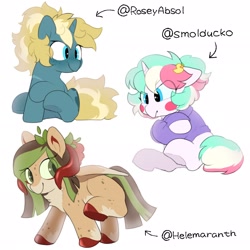 Size: 2048x2048 | Tagged: safe, artist:mochi_nation, oc, oc only, oc:cottonsweets, oc:helemaranth, oc:maple parapet, pegasus, pony, unicorn, clothes, female, freckles, high res, mare, shirt, simple background, white background