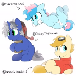 Size: 2048x2048 | Tagged: safe, artist:mochi_nation, oc, oc only, oc:blue chewings, earth pony, pegasus, pony, unicorn, book, chew toy, clothes, goggles, hat, high res, shirt