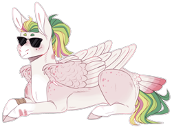Size: 1568x1152 | Tagged: safe, artist:sleepy-nova, oc, oc only, oc:honey suckle, pegasus, pony, lying down, prone, simple background, solo, sunglasses, tail feathers, transparent background