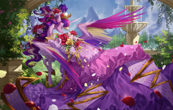 Size: 4500x2860 | Tagged: safe, artist:makkah, princess cadance, alicorn, pony, g4, alternate hairstyle, clothes, colored wings, dress, eyes closed, female, flower, flower in hair, fountain, garden, high res, mare, multicolored wings, petals, rose, smiling, solo, spread wings, wings