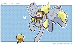 Size: 2000x1300 | Tagged: safe, artist:lound, derpy hooves, pegasus, pony, g4, cap, cute, derpabetes, flying, food, hat, heart, mailmare hat, muffin, solo, that pony sure does love muffins, tongue out
