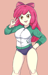 Size: 1881x2952 | Tagged: safe, artist:sumin6301, apple bloom, equestria girls, g4, belly button, breasts, buruma, hand on hip, legs, looking at you, older, older apple bloom, open mouth, orange background, peace sign, simple background, solo, sports panties, thighs