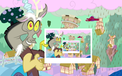 Size: 3098x1936 | Tagged: safe, artist:philiptomkins, discord, draconequus, g4, the return of harmony, chocolate, chocolate milk, chocolate rain, derp, food, inception, male, milk, picture, picture frame, ponyville, poster, rain, smiling, wallpaper
