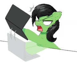 Size: 1968x1572 | Tagged: safe, artist:some_ponu, oc, oc:anon, oc:filly anon, earth pony, pony, angry, computer, emanata, female, filly, hoof hold, laptop computer, no pupils, open mouth, rage, rage quit, simple background, solo, this will end in property damage, white background