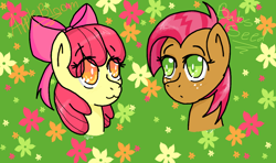 Size: 1200x712 | Tagged: safe, artist:grumpytheunicorn, apple bloom, babs seed, earth pony, pony, g4, :3, bust, cousins, duo, duo female, eye clipping through hair, female, filly, portrait